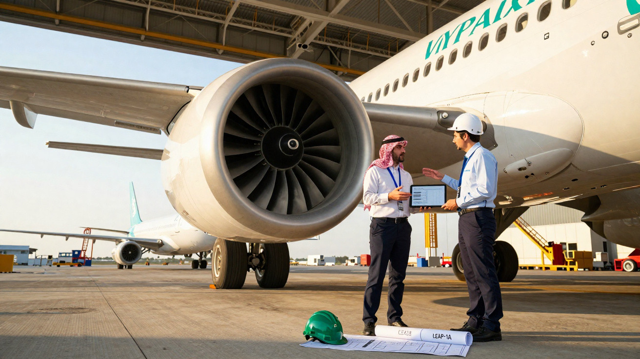 Dois engenheiros discutem projetos ao lado de um avião em hangar com capacete e plantas no chão.