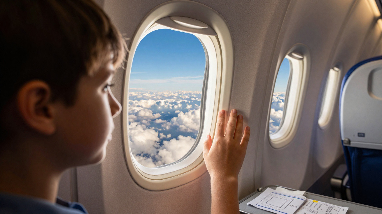 Criança olhando pela janela de avião para nuvens durante o voo em um céu azul claro.