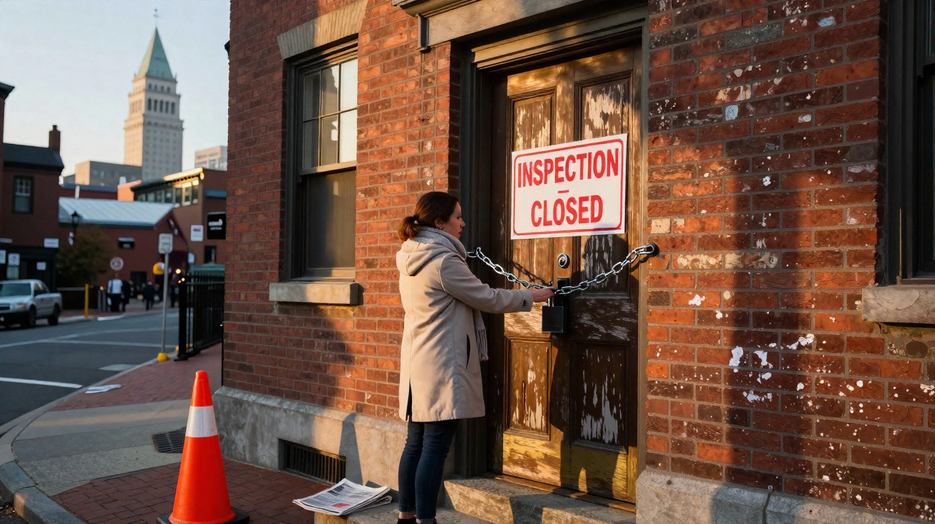 Mulher prende correntes com cadeado em porta com placa "Inspection Closed" em fachada de tijolos.