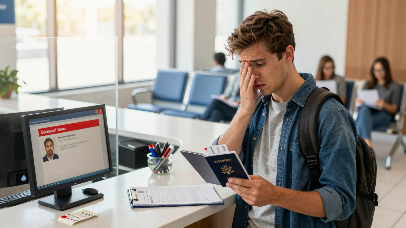 Jovem com mochila preocupado olhando passaporte e documentos em balcão de imigração ou aeroporto.