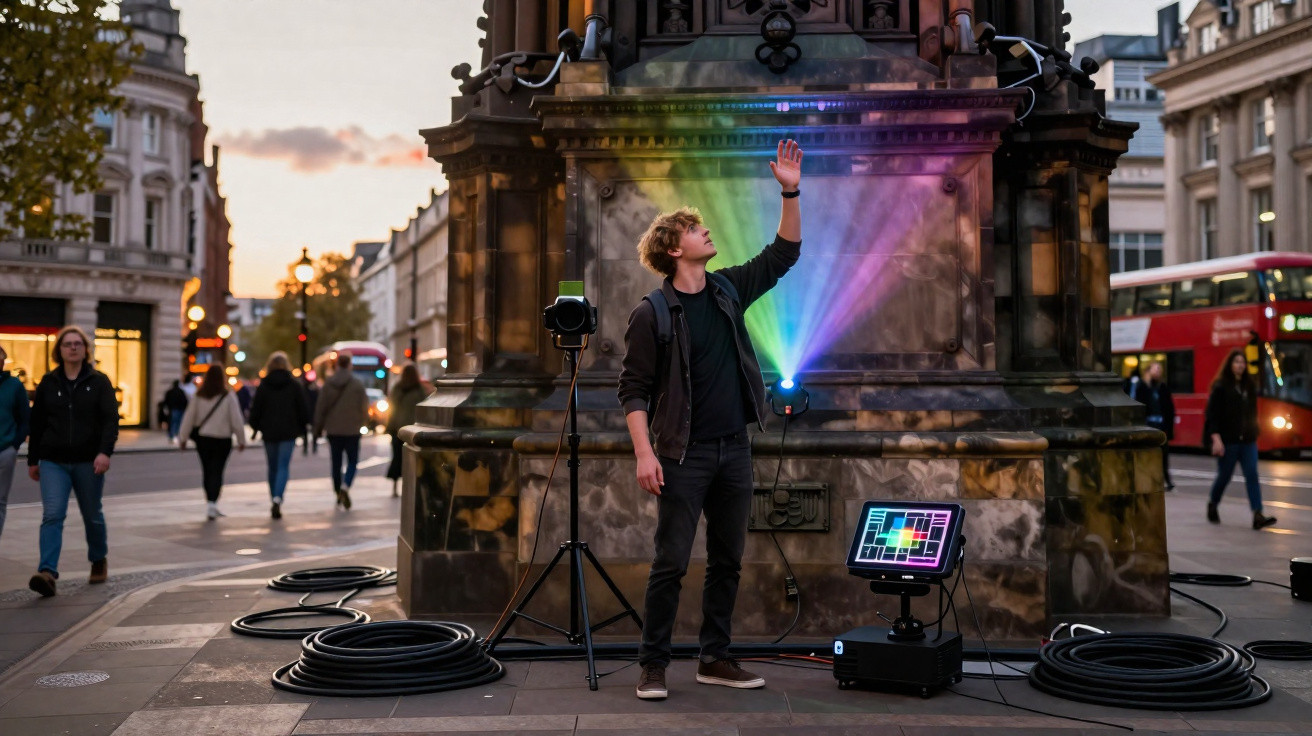 Homem jovem interagindo com luz colorida projetada em monumento urbano ao entardecer.