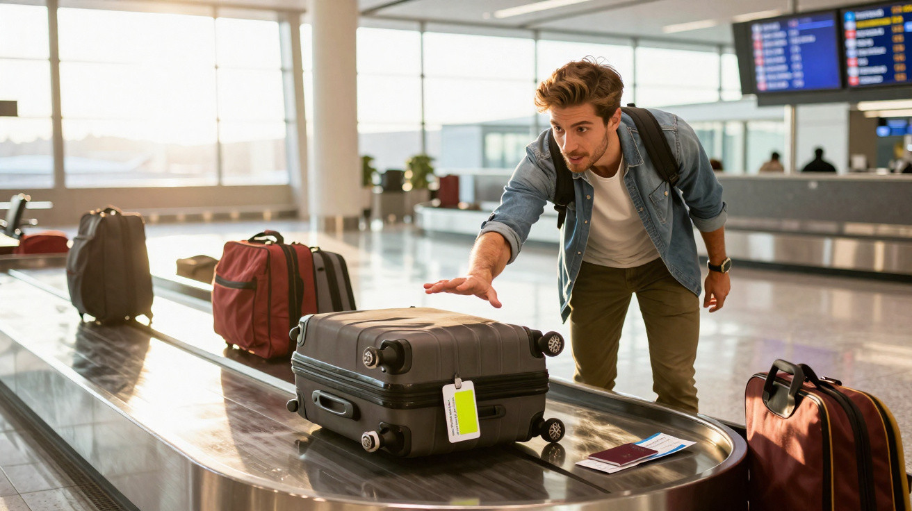 Homem jovem pegando mala preta na esteira de bagagens em aeroporto iluminado.