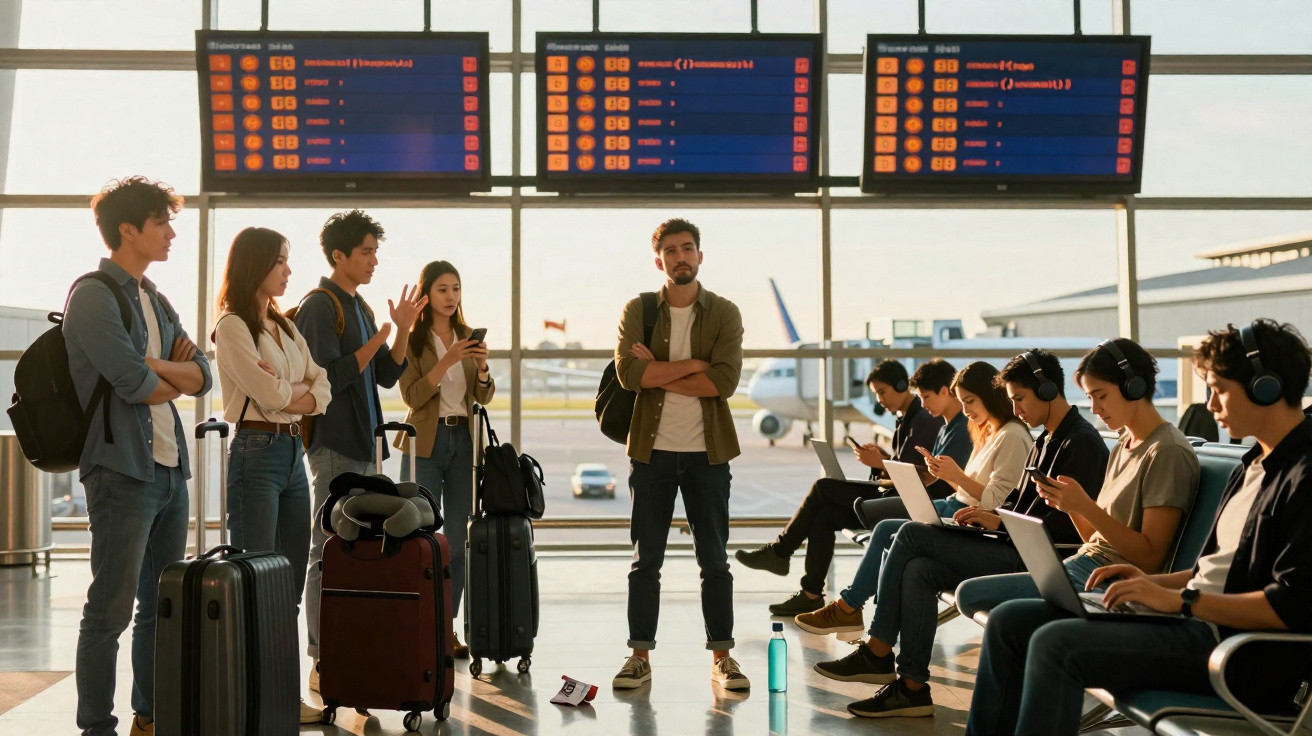 Grupo de pessoas aguardando voos em aeroporto com malas e painéis de horários ao fundo.