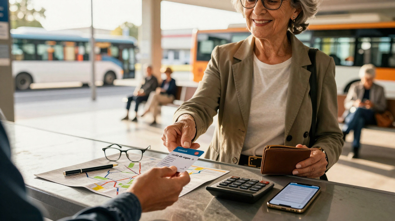 Mulher idosa sorridente comprando passagem em guichê de transporte público com ônibus ao fundo.