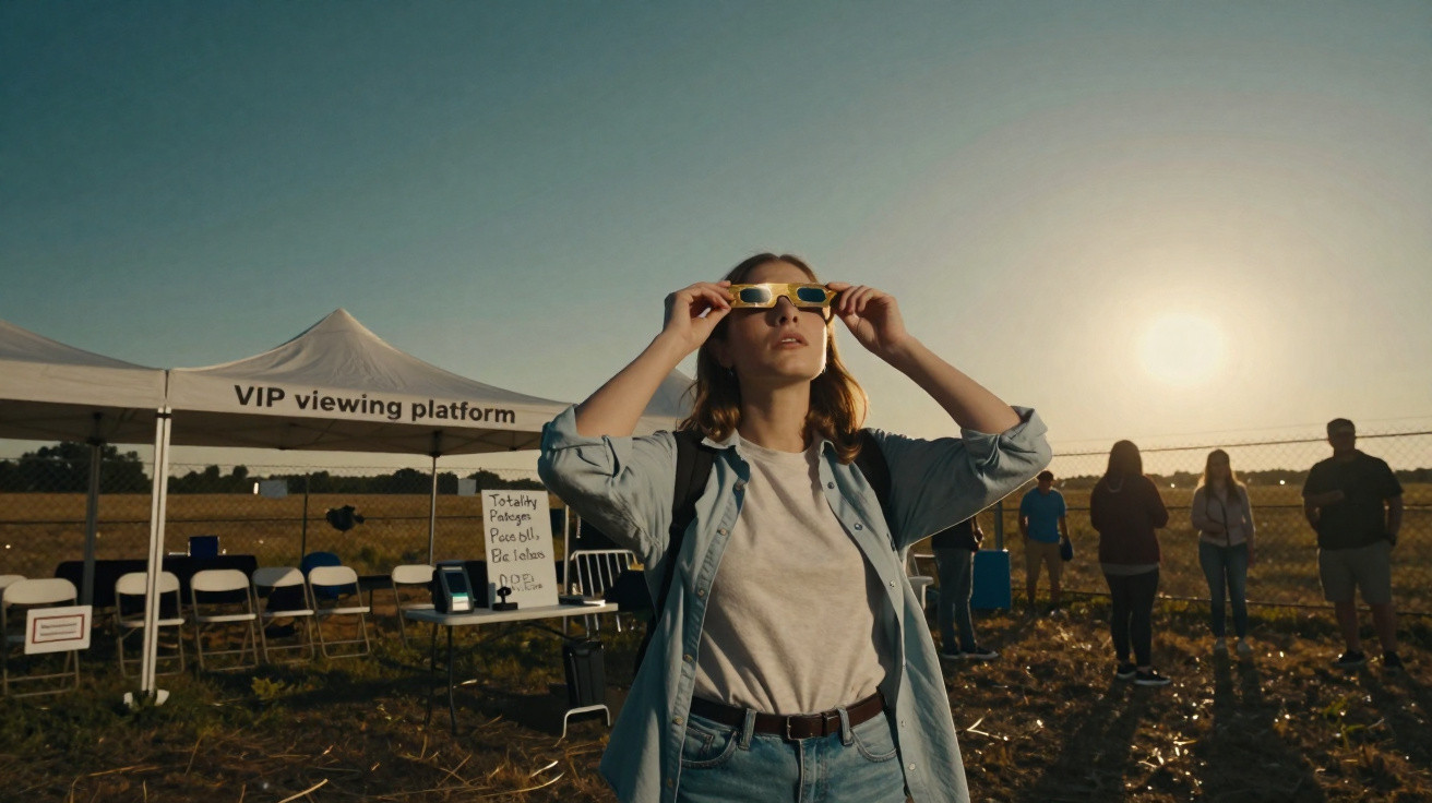 Mulher com óculos especiais observa eclipse solar ao pôr do sol em área aberta com tenda e outras pessoas.