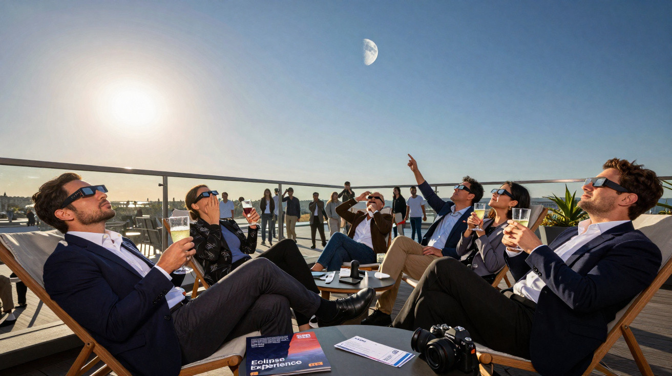 Grupo de pessoas em terraço observando eclipse solar com óculos especiais e bebidas na mão.