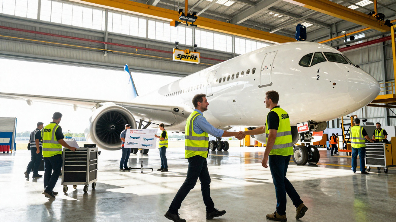 Funcionários em coletes refletivos apertando as mãos ao lado de um avião branco em hangar de manutenção.