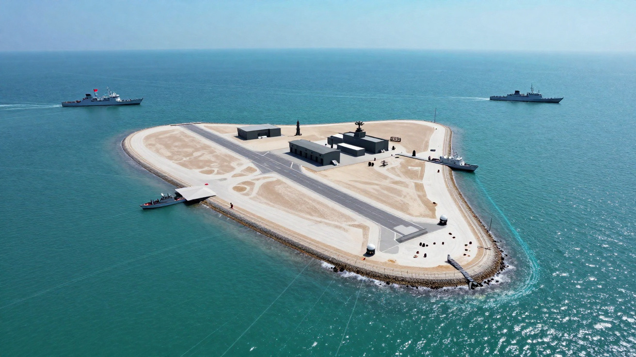Ilha artificial triangular com pista de pouso, edifícios e navios militares no mar calmo.