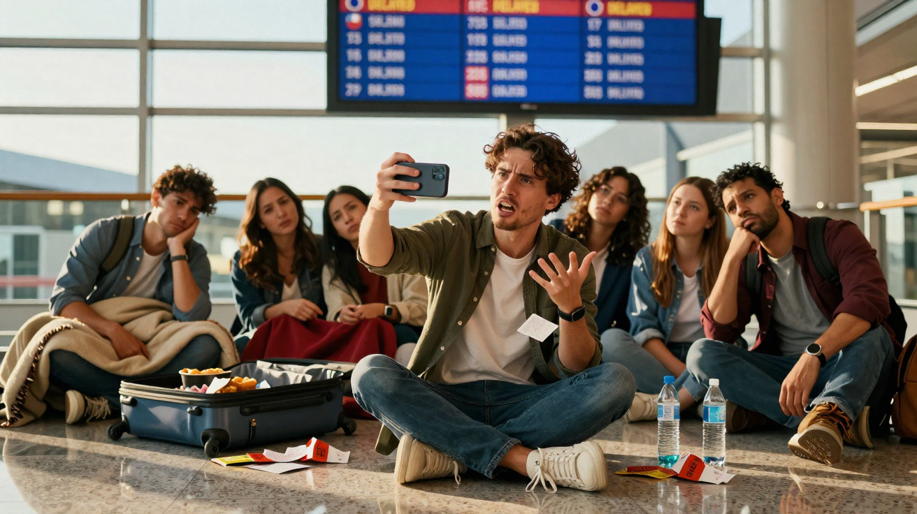 Grupo de jovens sentados no aeroporto, com expressão frustrada, esperando voo atrasado.