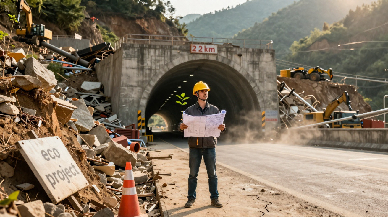 Engenheiro com capacete e planta em obra perto de túnel, em projeto ecológico na montanha.