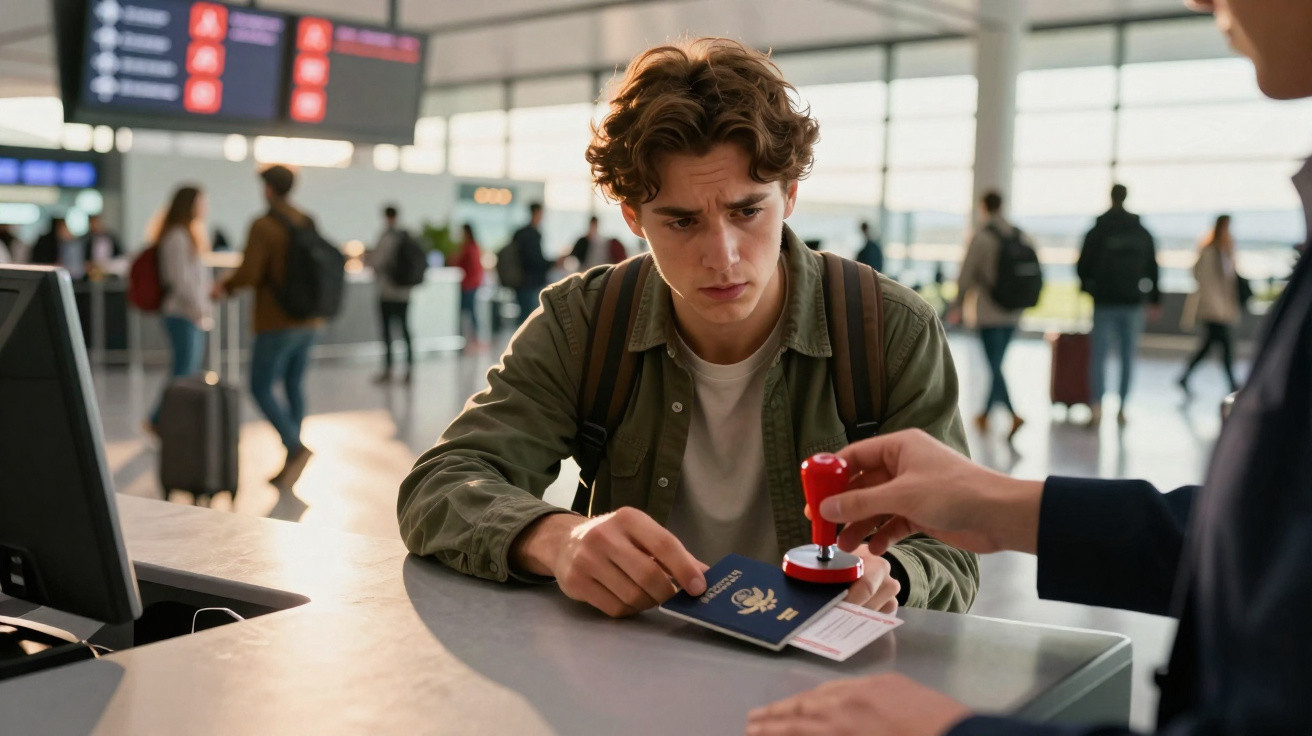 Jovem com mochila apresenta passaporte para agente carimbar documento no balcão do aeroporto.