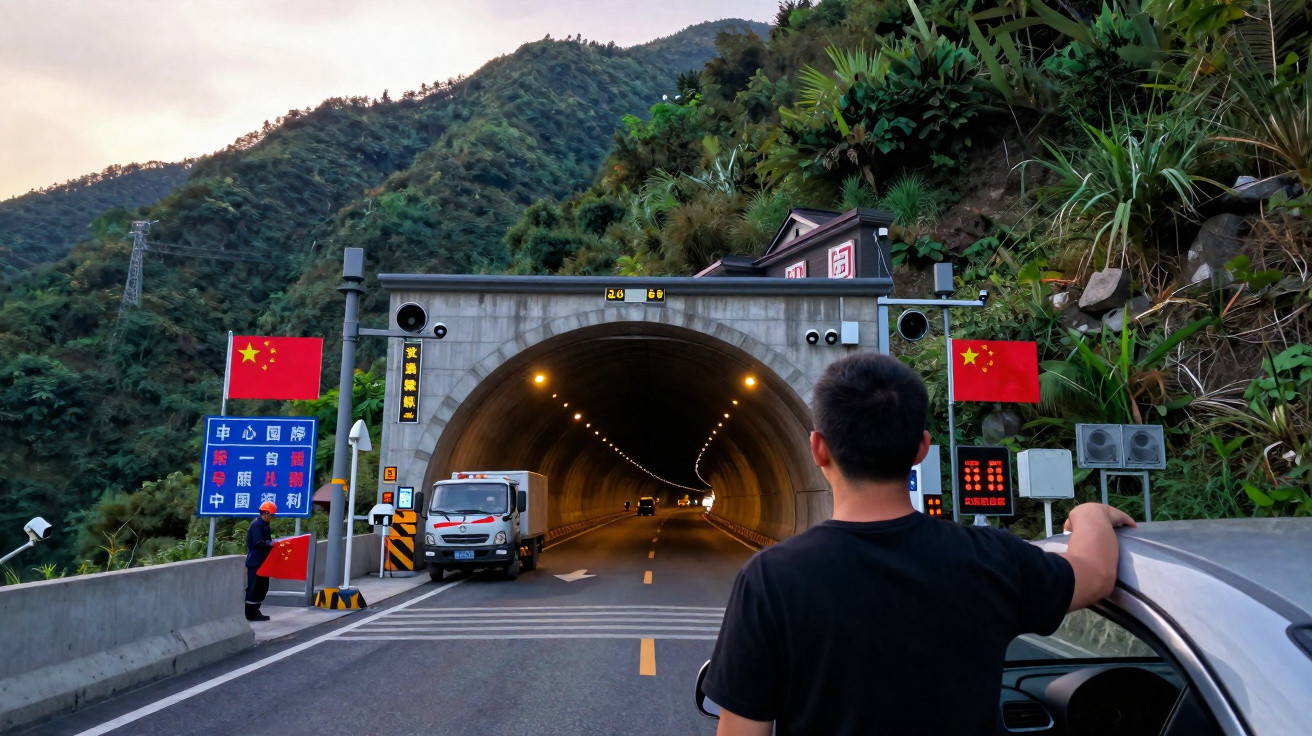 Entrada de túnel na montanha com bandeiras da China e pessoas na estrada ao entardecer.