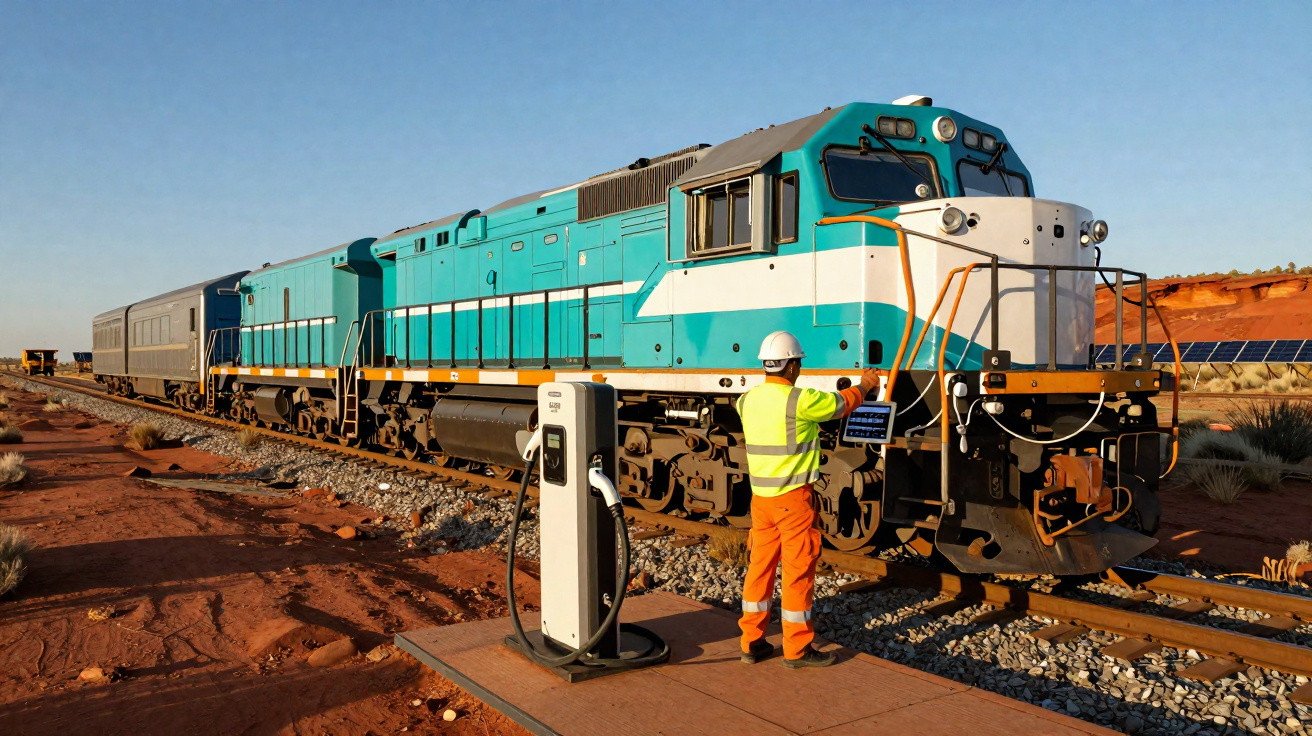 Trabalhador com colete e capacete inspeciona trem próximo a estação de carregamento em área desértica.