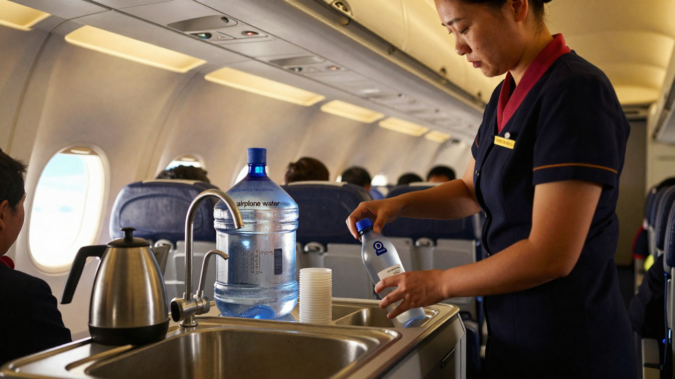 Comissária de bordo servindo água em garrafa para passageiros dentro de avião.