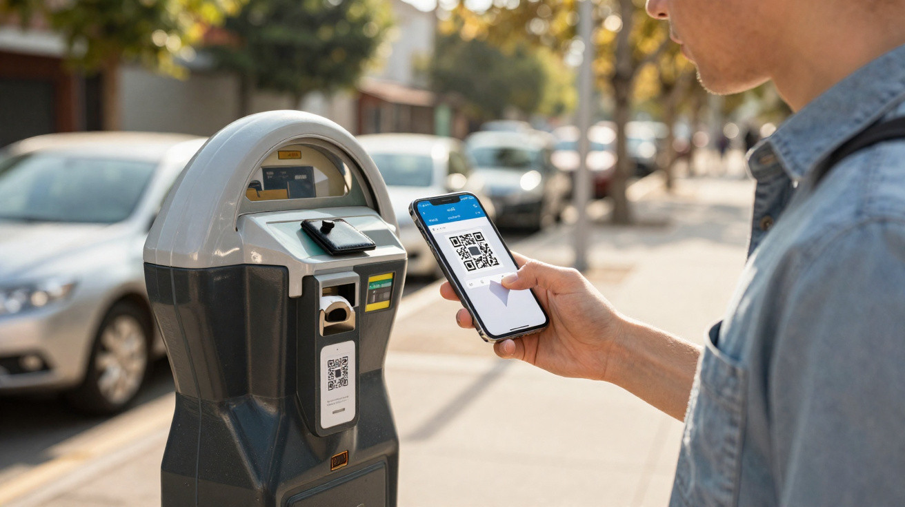 Pessoa usando celular para escanear código QR em parquímetro na calçada ensolarada da cidade.