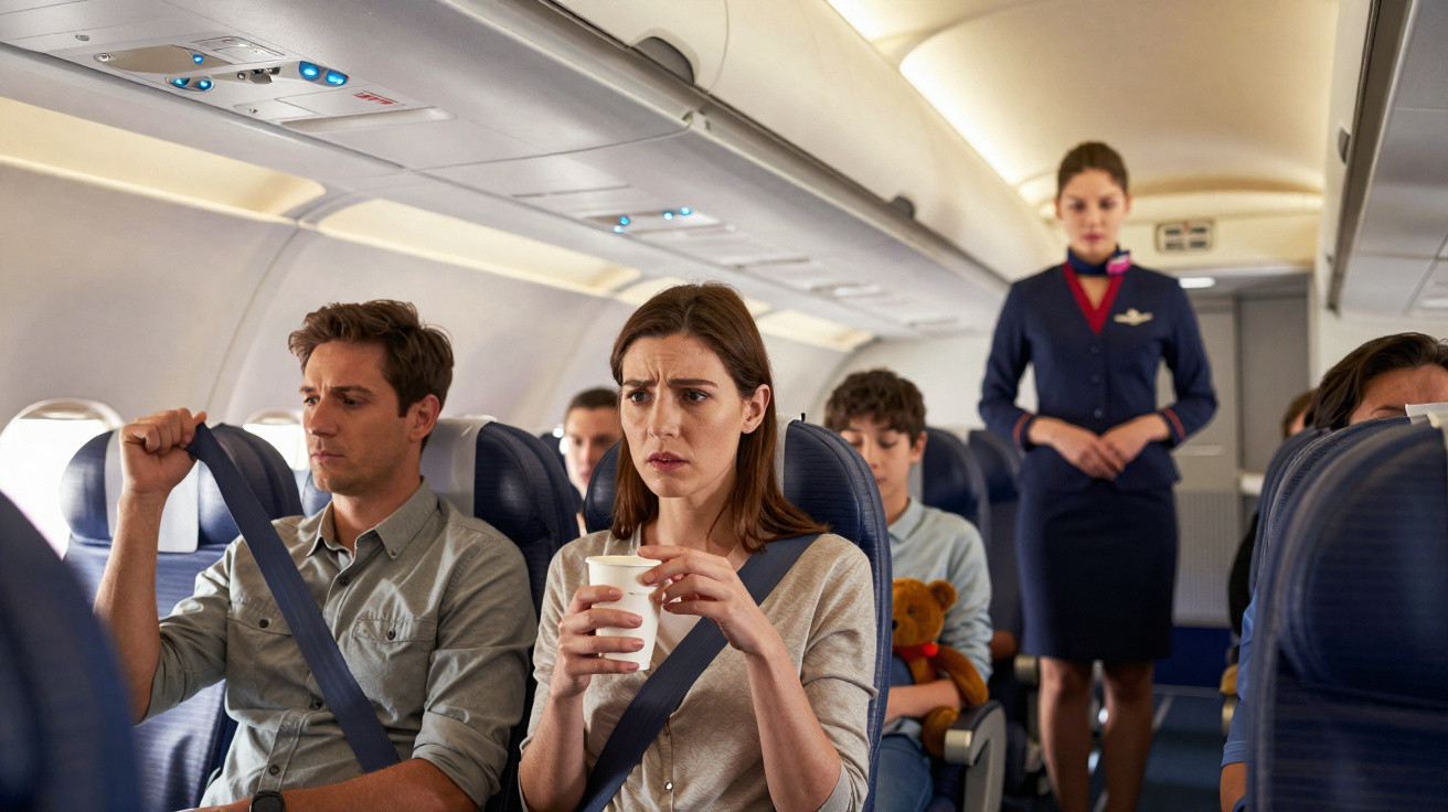 Passageiros com expressão preocupada em voo, mulher segurando copo, com comissária ao fundo na cabine do avião.