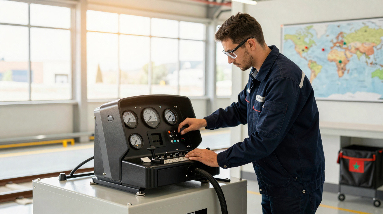 Homem com uniforme ajusta painel de controle industrial em ambiente com mapa-múndi ao fundo.