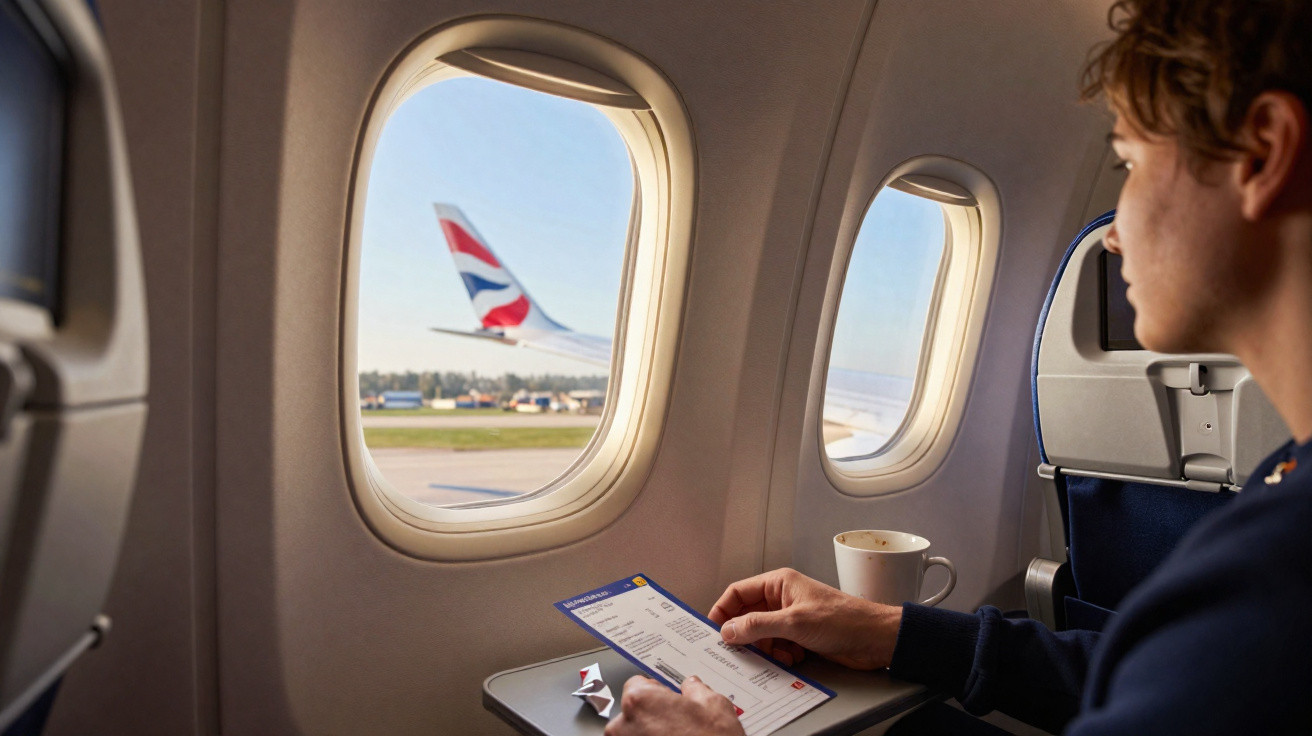 Passageiro sentado no avião olhando pela janela, segurando seu cartão de embarque e com um copo na mesa.