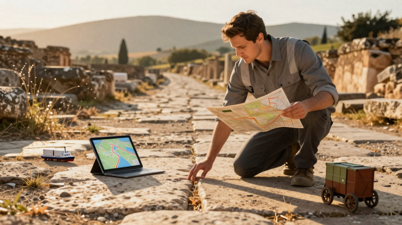 Jovem analisando mapa em ruínas antigas, com laptop aberto e miniaturas de navio e carruagem ao lado.