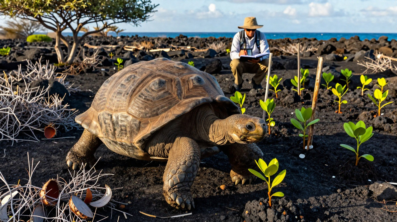 Tartaruga gigante em terreno vulcânico com plantas novas e pessoa ao fundo observando e anotando.