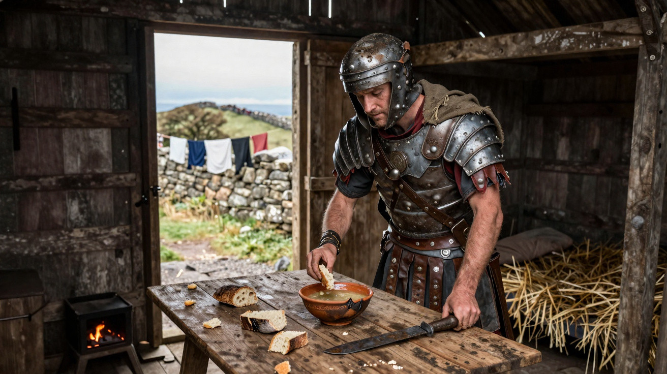 Homem vestido de soldado romano comendo sopa em cabana rústica com pão sobre mesa de madeira.