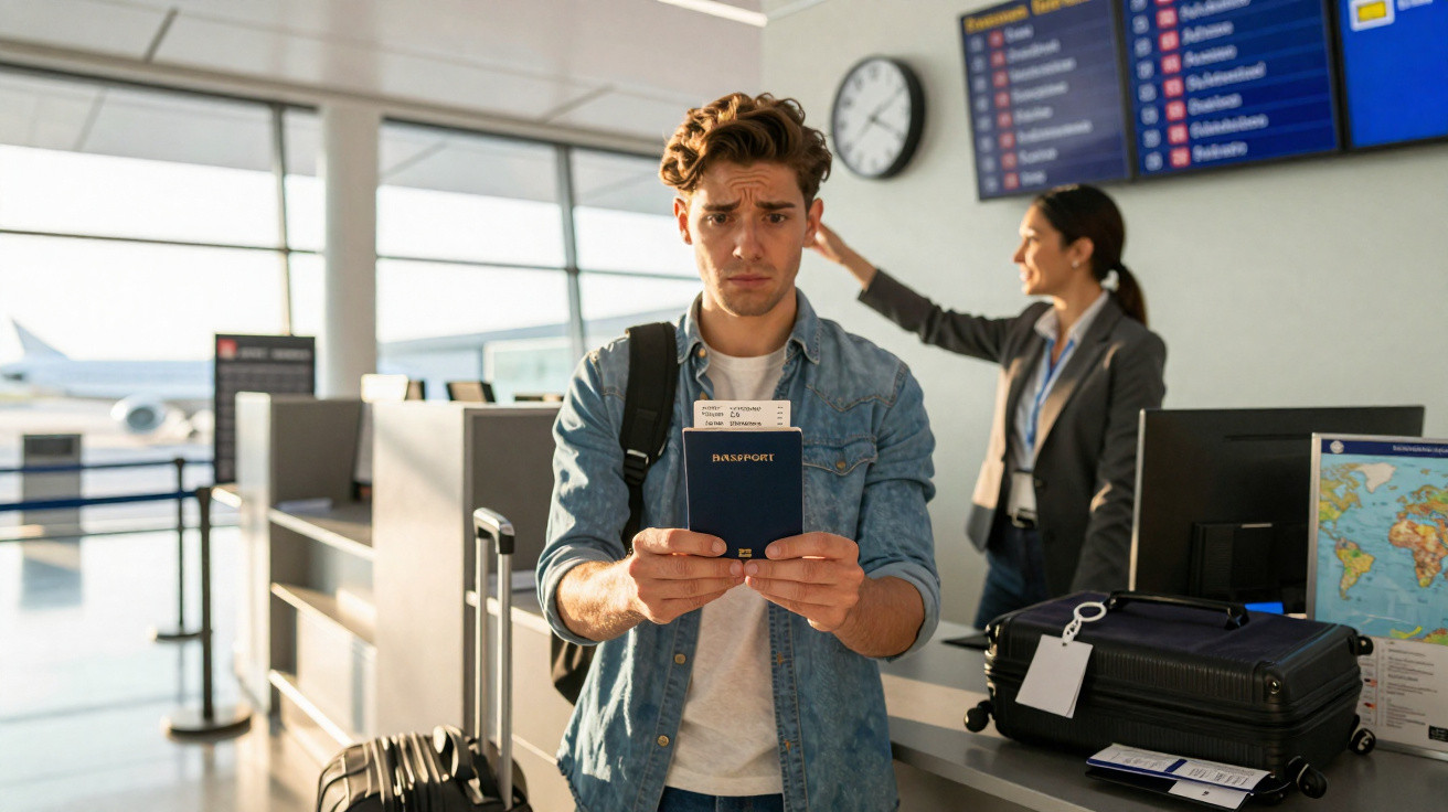 Homem preocupado segurando passaporte e passagem no balcão do aeroporto com funcionária ao fundo.