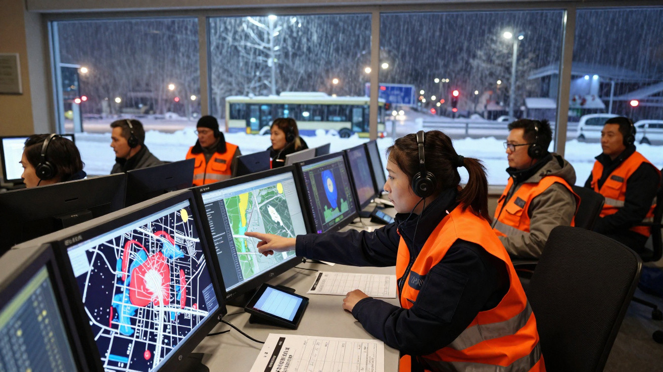 Equipe de controle monitorando mapas digitais em computadores com neve e ônibus ao fundo à noite.