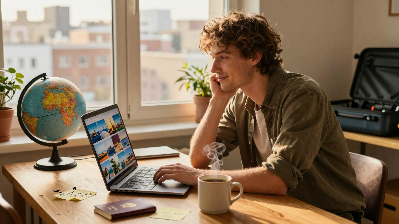 Jovem sentado à mesa planejando viagem no laptop, com globo, passaporte e xícara de café fumegante.