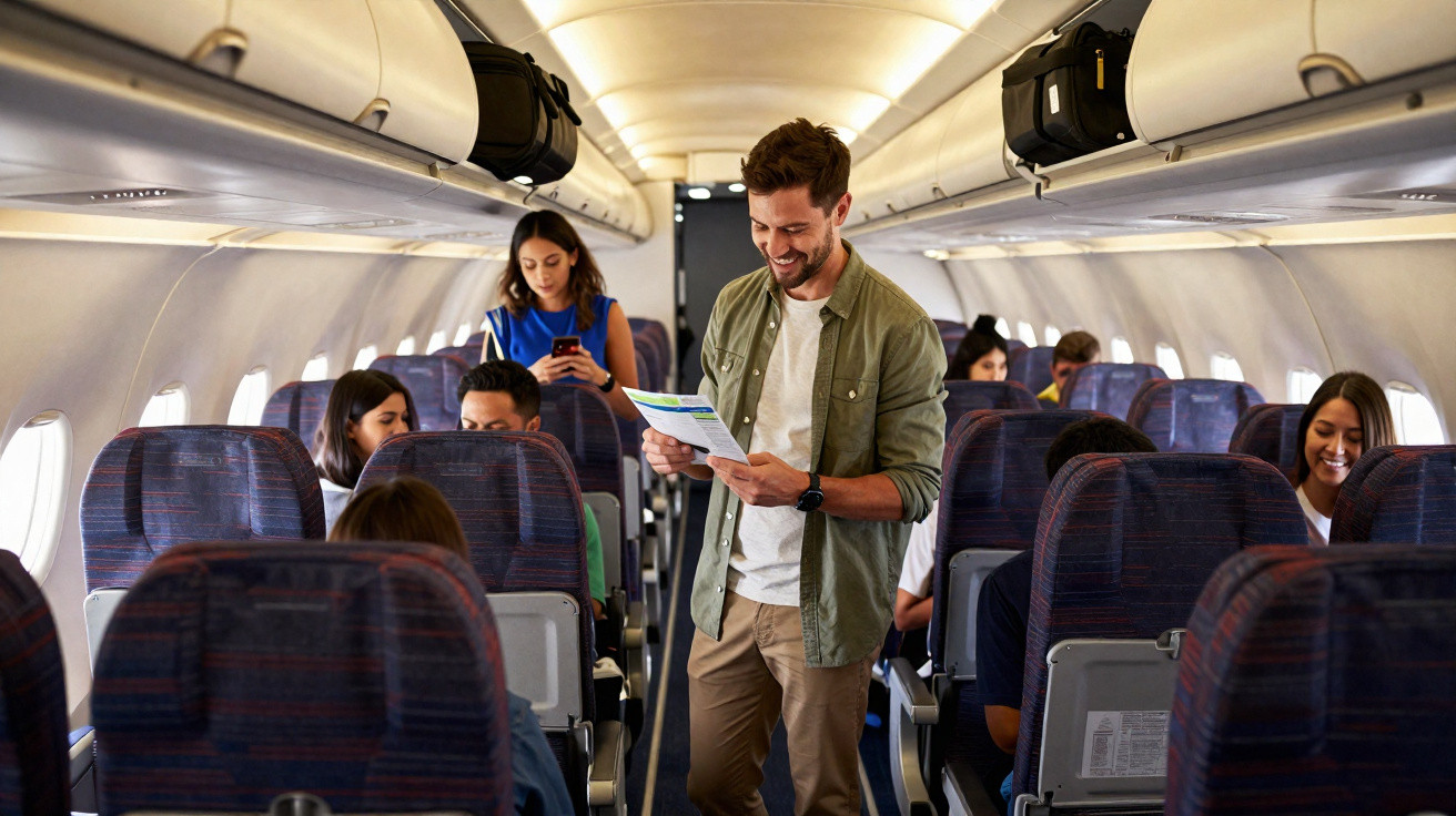 Passageiro lendo instruções de segurança no corredor de avião com outros passageiros sentados.