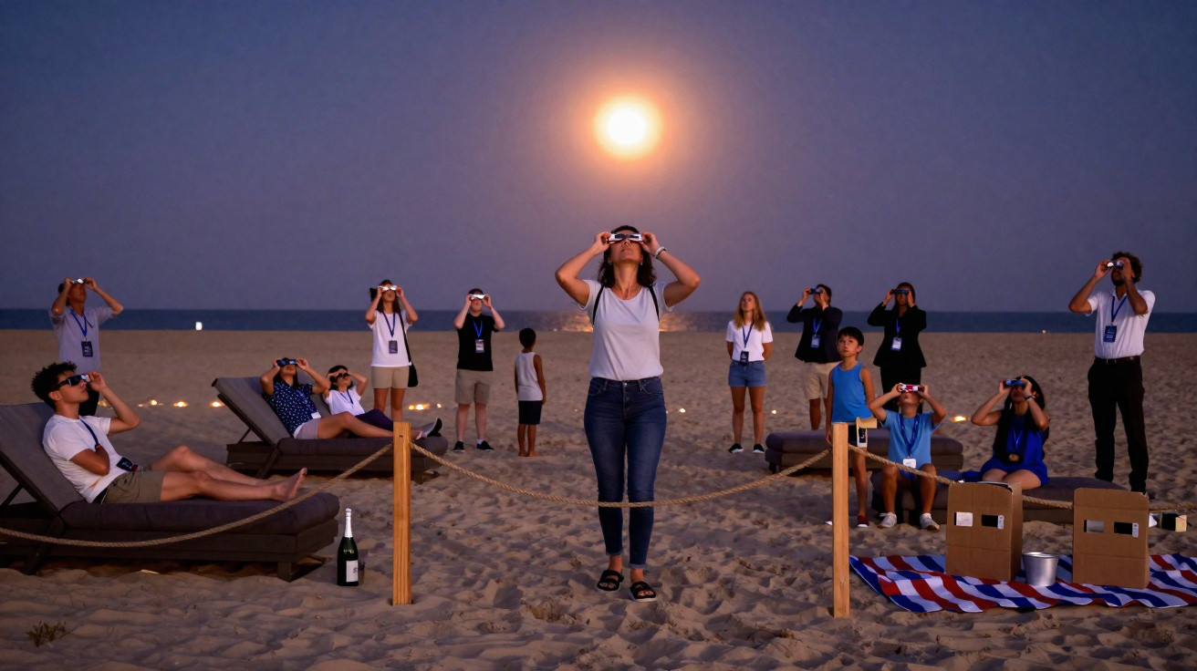 Pessoas na praia à noite observando o céu com óculos especiais durante um evento astronômico.