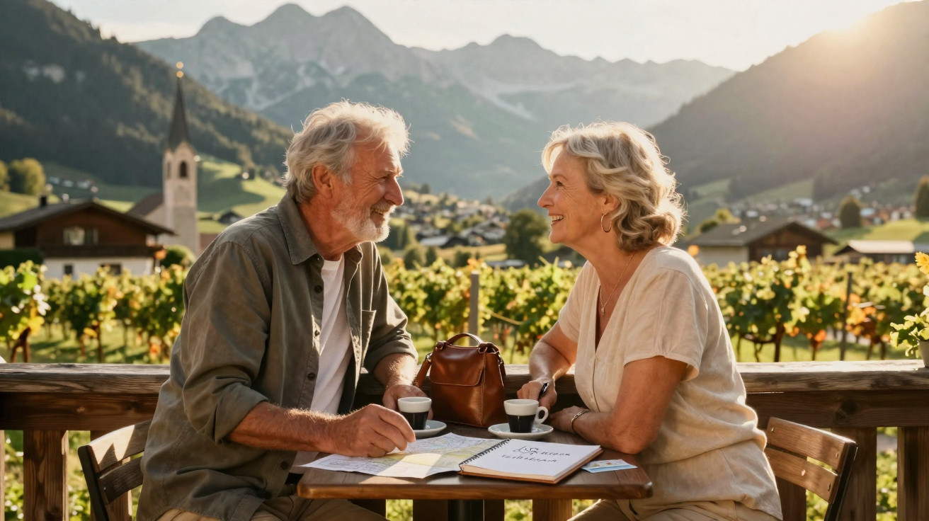 Casal de idosos sorrindo e conversando em mesa ao ar livre com paisagem de vinhedo e montanhas ao fundo.