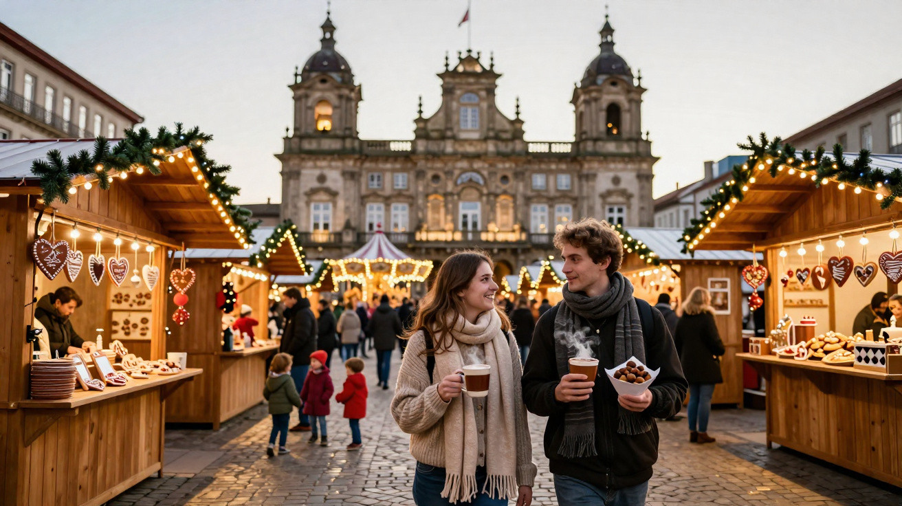 Casal sorrindo em mercado natalino ao ar livre com barracas de comidas e edifício histórico ao fundo.
