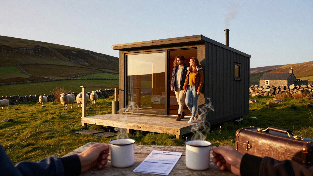 Casal caminhando para cabana moderna em área rural com ovelhas ao pôr do sol e duas pessoas segurando canecas.