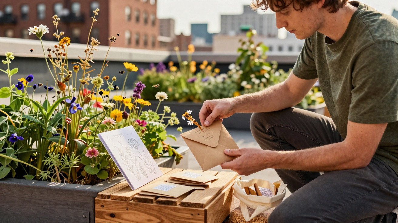 Jovem homem organizando cartas ao ar livre em uma área com flores coloridas e plantas em vasos.