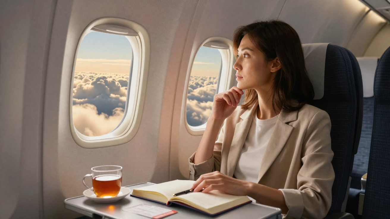 Mulher sentada em avião, olhando pela janela, com livro aberto e xícara de chá na mesa.