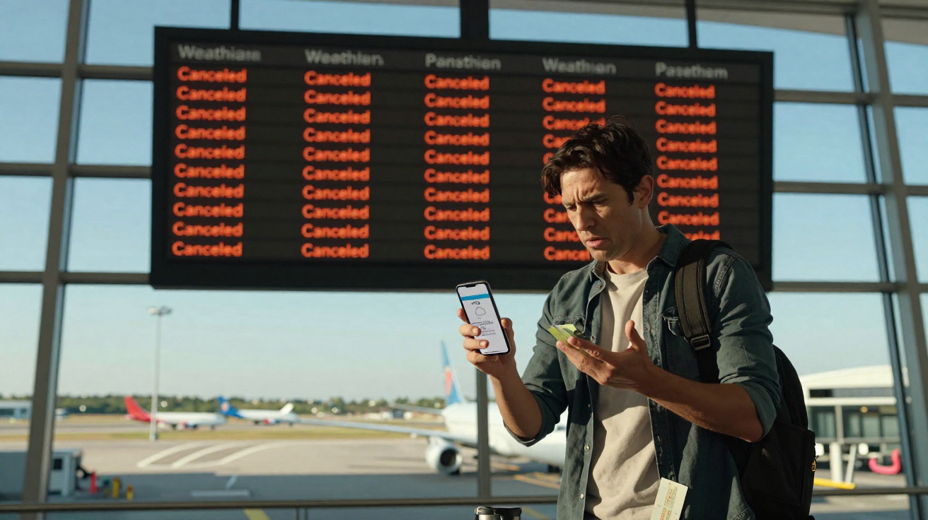 Homem preocupado olhando celular em aeroporto com painel digital mostrando voos cancelados.