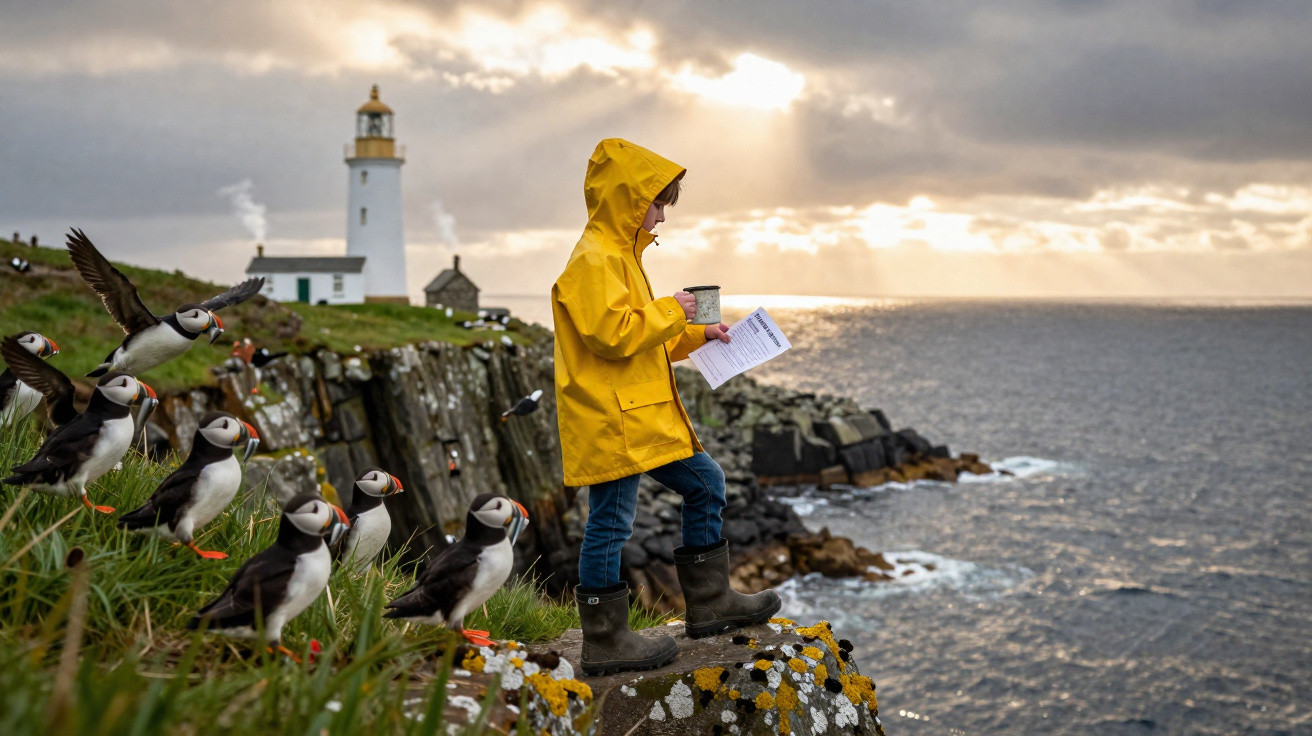 Criança de capa amarela observa papagaio-do-mar em penhasco com farol ao fundo e mar ao entardecer.