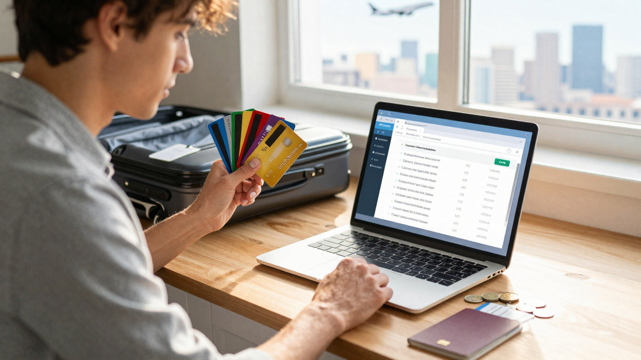Pessoa segurando vários cartões de crédito e usando notebook com mala e moedas sobre a mesa próxima à janela.