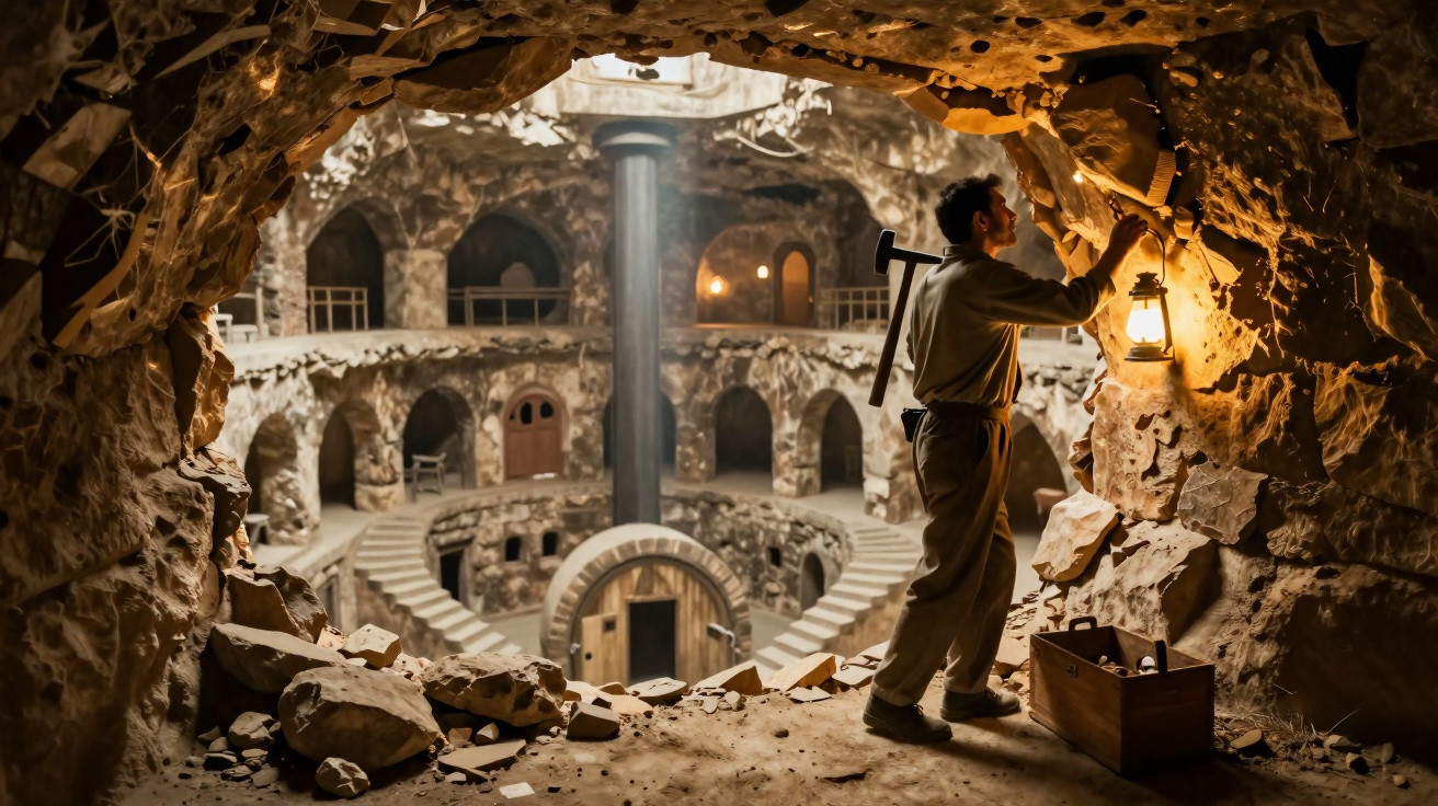 Homem com picareta e lanterna explora caverna com estrutura de pedra e escadas em formato circular.