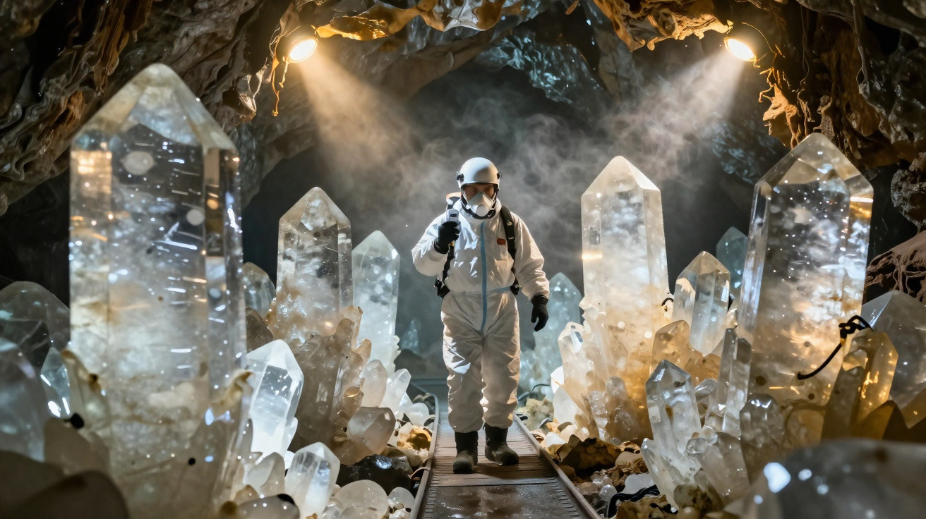 Explorador de macacão branco e capacete caminha entre grandes cristais em caverna iluminada por faróis.