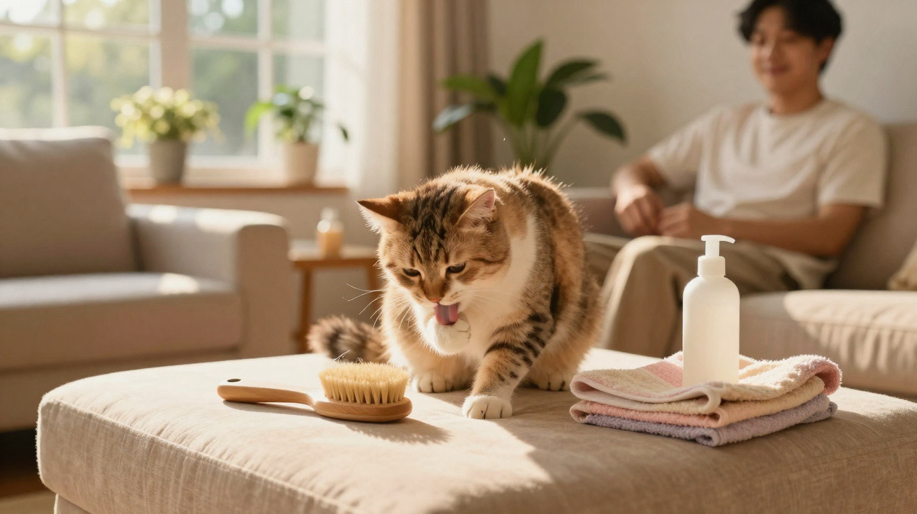 Gato lambendo a pata em mesa com escova, toalhas dobradas e frasco, com pessoa ao fundo no sofá.