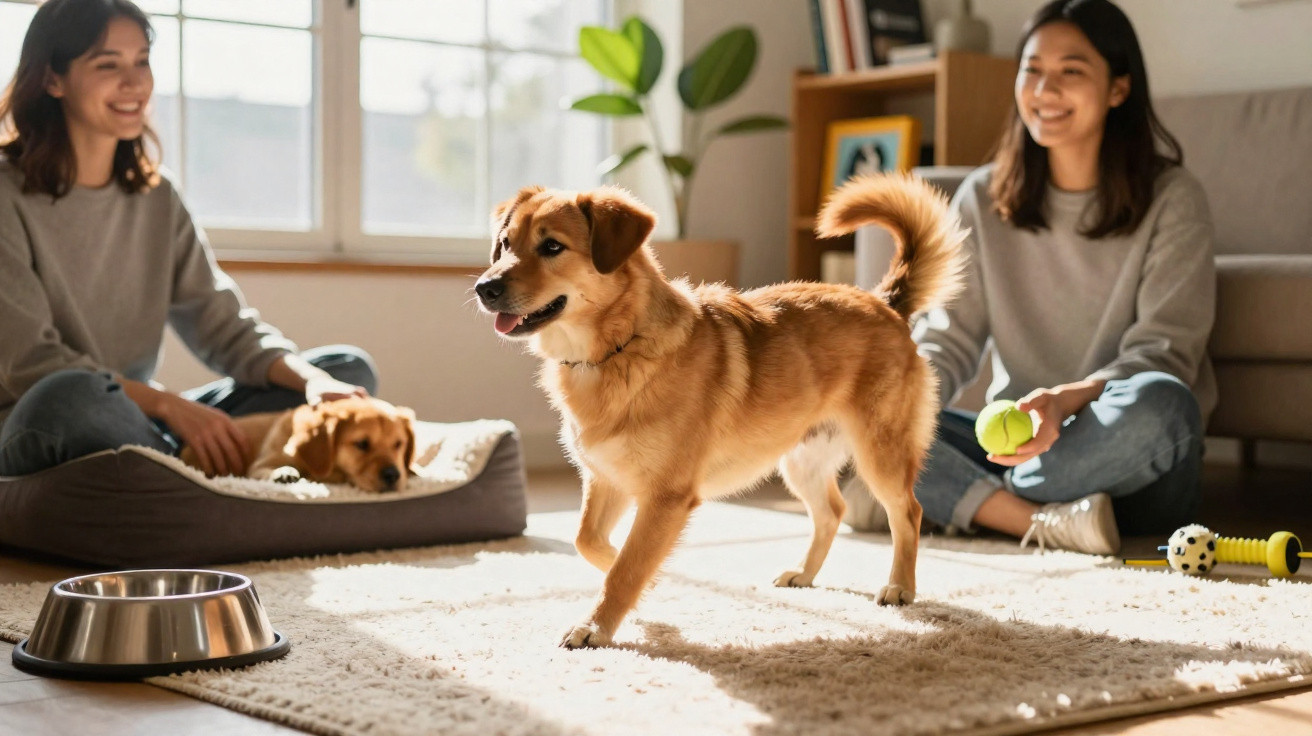 Duas mulheres sorrindo brincam com dois cães em sala iluminada, um cão está com bola e outro deitado na cama.