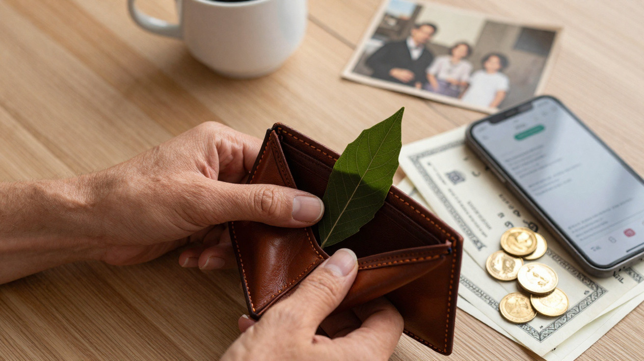Mãos segurando carteira marrom com folha verde dentro, sobre mesa com moedas, cédulas, celular e foto desfocada.
