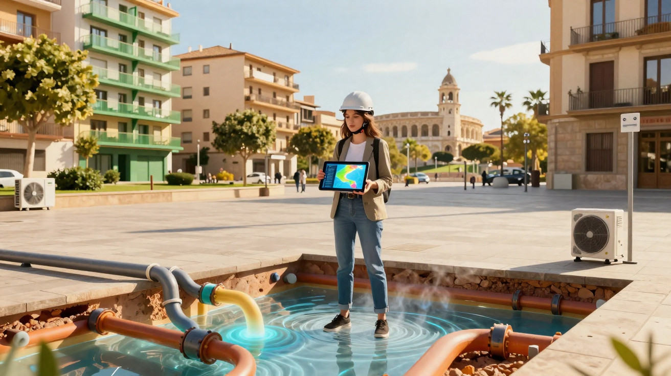 Engenheira com capacete analisa vazamento em canos subterrâneos em área urbana usando tablet.