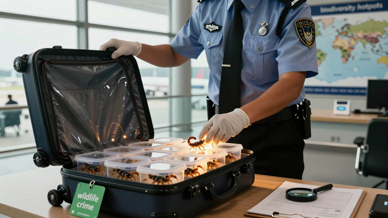 Agente de segurança inspeciona mala com escorpiões em recipientes transparentes em ambiente de inspeção.