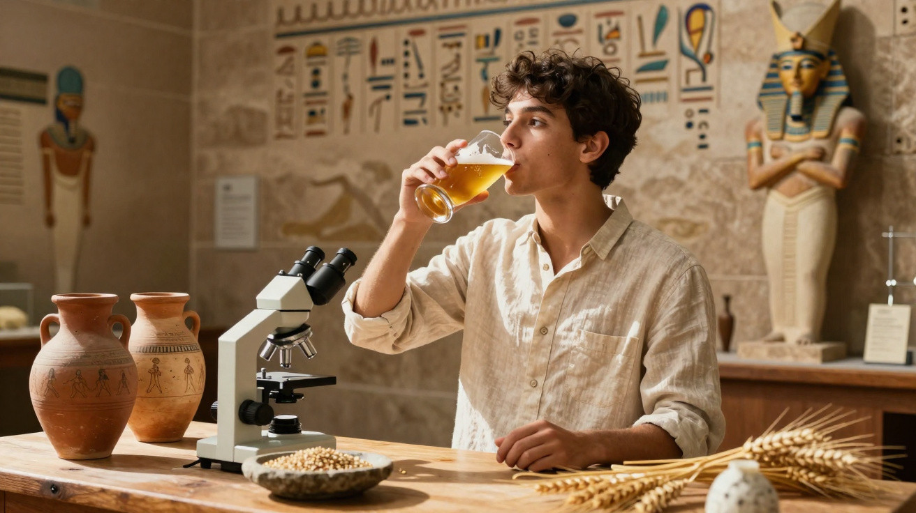 Jovem em laboratório arqueológico bebendo cerveja, com microscópio, jarros antigos e espigas de trigo ao redor.