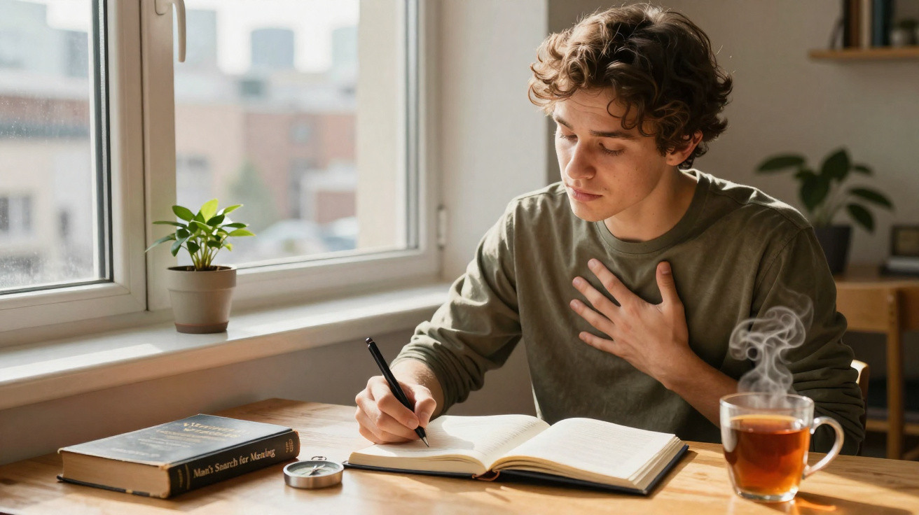 Jovem estudando e escrevendo em caderno à mesa com chá quente, livro e planta ao lado.