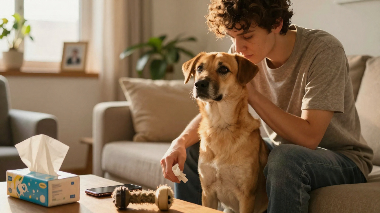 Jovem sentado no sofá ao lado de cachorro, segurando lenço, em sala iluminada e aconchegante.