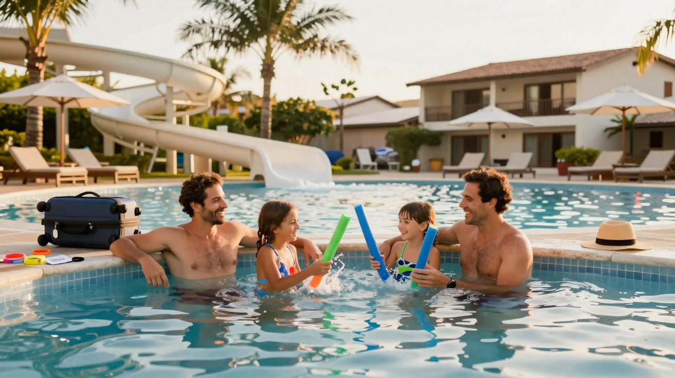 Duas crianças brincando com noodles na piscina com dois homens adultos sorrindo ao pôr do sol.