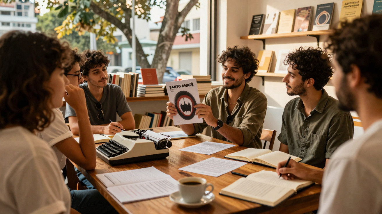 Grupo de jovens reunidos em torno de mesa com livros e máquina de escrever em discussão literária.